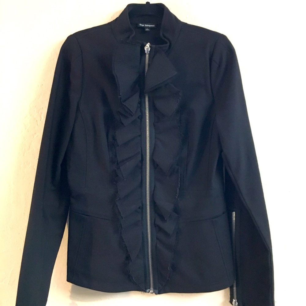 Royal Underground Ruffle Zip Up Jacket Large Black Zipper Detail Fitted Style